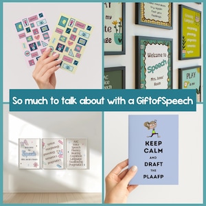 K&ouml;nnte beinhalten: Das Bild zeigt Sprachtherapie-Ressourcen. Es umfasst gerahmte Poster mit sprachbezogenen Begriffen, Aufkleber und eine blaue Karte mit dem Text "KEEP CALM AND DRAFT THE PLAAFP". Das Gesamtthema ist lehrreich und unterst&uuml;tzend.