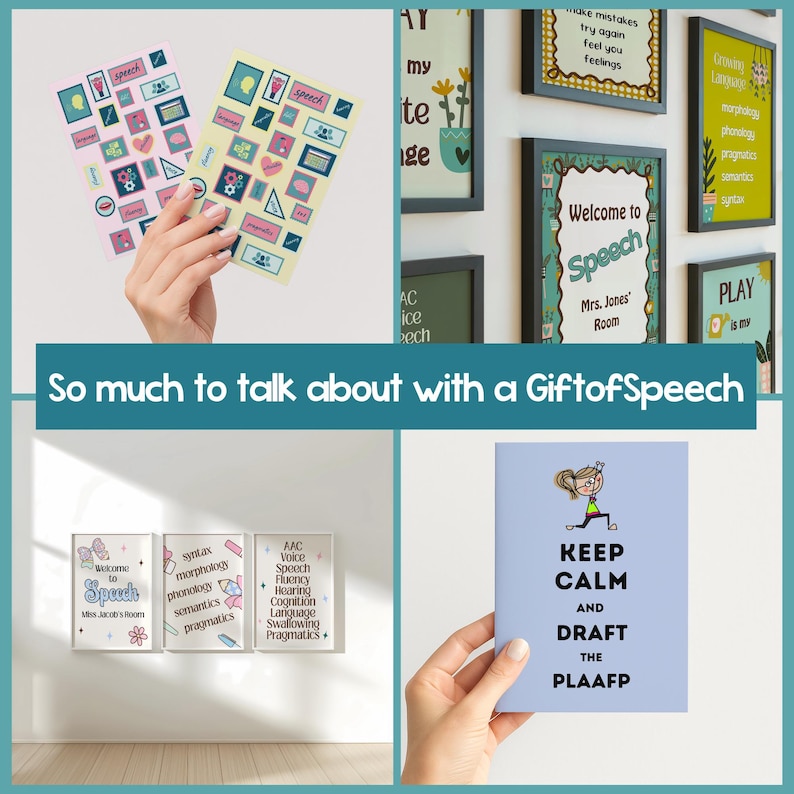 K&ouml;nnte beinhalten: Das Bild zeigt Sprachtherapie-Ressourcen. Es umfasst gerahmte Poster mit sprachbezogenen Begriffen, Aufkleber und eine blaue Karte mit dem Text "KEEP CALM AND DRAFT THE PLAAFP". Das Gesamtthema ist lehrreich und unterst&uuml;tzend.