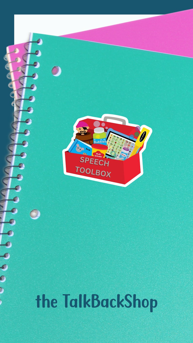 May include: A red toolbox with a white border and the words "Speech Toolbox" on the front. The toolbox is filled with various speech therapy tools, including a pirate hat, bubbles, a book, play dough, and a picture card set.