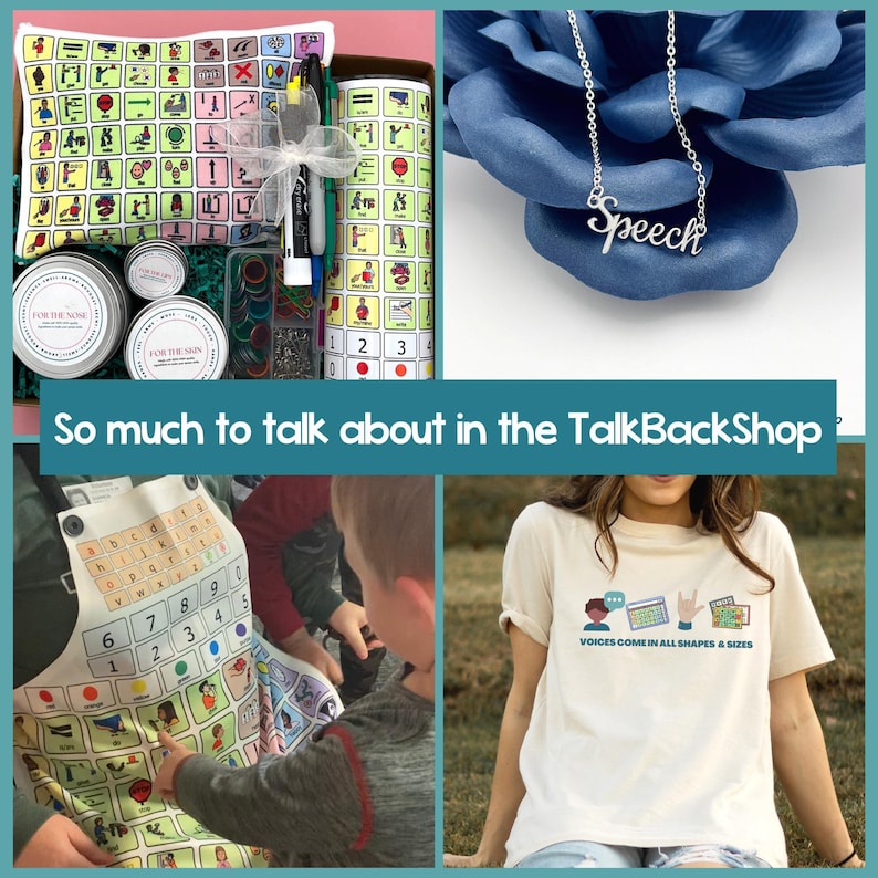 image shows 2 SLP gift items and 2 AAC awareness items