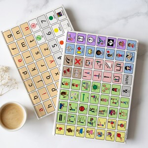 AAC vocabulary notebook laying open on a marble background, showing both front and back covers—one side displays a robust grid of core vocabulary icons, and the other side features an alphabet board for literacy practice and letter selection.