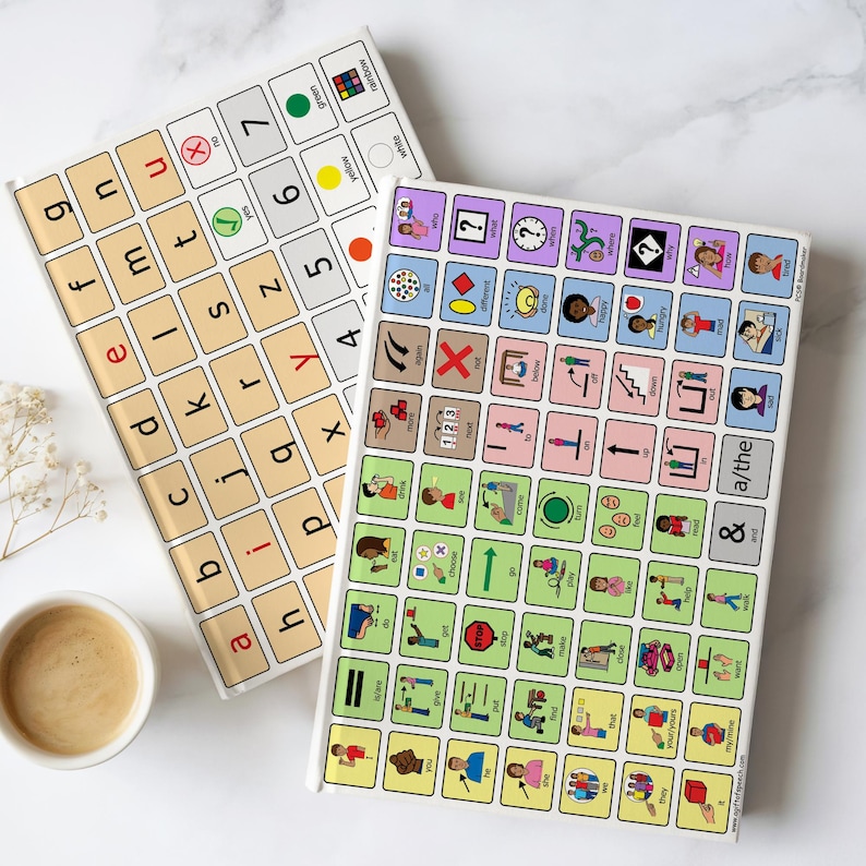 AAC vocabulary notebook laying open on a marble background, showing both front and back covers—one side displays a robust grid of core vocabulary icons, and the other side features an alphabet board for literacy practice and letter selection.