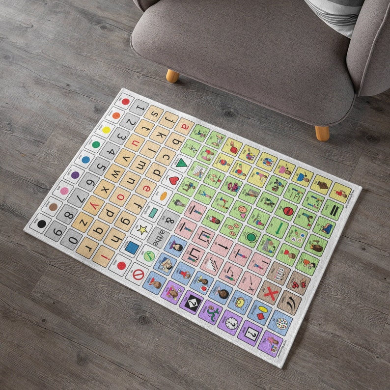 AAC core vocabulary rug is shown on a wooden floor