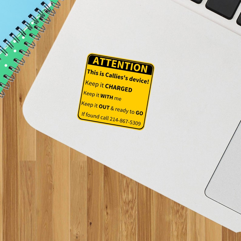 Picture shows a set of personalized AAC stickers.  The SPED stickers are yellow with black lettering.  The SLP stickers include a person's name and Attention, this is my voice.  Keep it charged.  Keep it with me.  Keep it out and ready to go!
