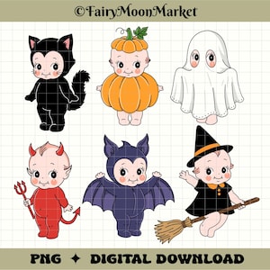 May include: A digital illustration set from FairyMoonMarket featuring six vintage-style characters: a black cat, a pumpkin, a white ghost, a red devil with a pitchfork, a purple bat, and a witch on a broomstick. Text reads PNG DIGITAL DOWNLOAD.