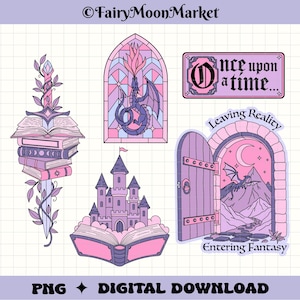 Puede incluir: Un conjunto de pegatinas digitales con una espada atravesando libros, un dragón en una vidriera, un castillo saliendo de un libro abierto, una puerta hacia un paisaje montañoso con un dragón y el texto Once upon a time, Leaving Reality, Entering Fantasy.