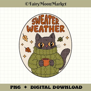 Puede incluir: Una ilustración gráfica ovalada que muestra un gato gris oscuro con un suéter de punto verde y sosteniendo una taza naranja. El texto SWEATER WEATHER aparece en naranja sobre el gato, rodeado de pequeñas hojas naranjas y estrellas.
