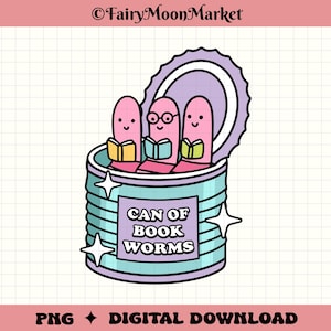 May include: A whimsical illustration of a can of worms, with three pink worms reading books inside. The can is light blue with the text "CAN OF BOOK WORMS". The design includes star accents and a purple lid.