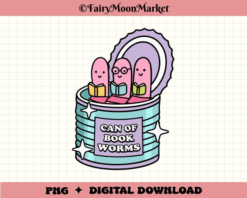May include: A whimsical illustration of a can of worms, with three pink worms reading books inside. The can is light blue with the text "CAN OF BOOK WORMS". The design includes star accents and a purple lid.