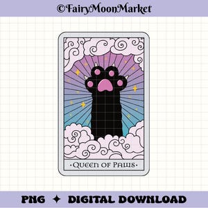 K&ouml;nnte beinhalten: Eine Tarotkarte mit einem rosa und violetten Hintergrund und einem schwarzen Pfotenabdruck mit einem rosa Pfotenballen. Die Karte sagt "Queen of Paws".