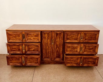 Vintage Dresser Console Table / Brutalist Style / 70’s 80’s Decor / Brass Detail
