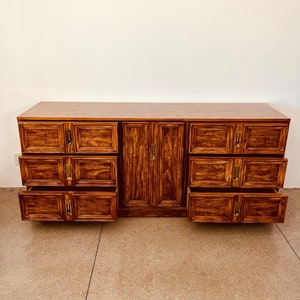 Vintage Dresser Console Table / Brutalist Style / 70’s 80’s Decor / Brass Detail