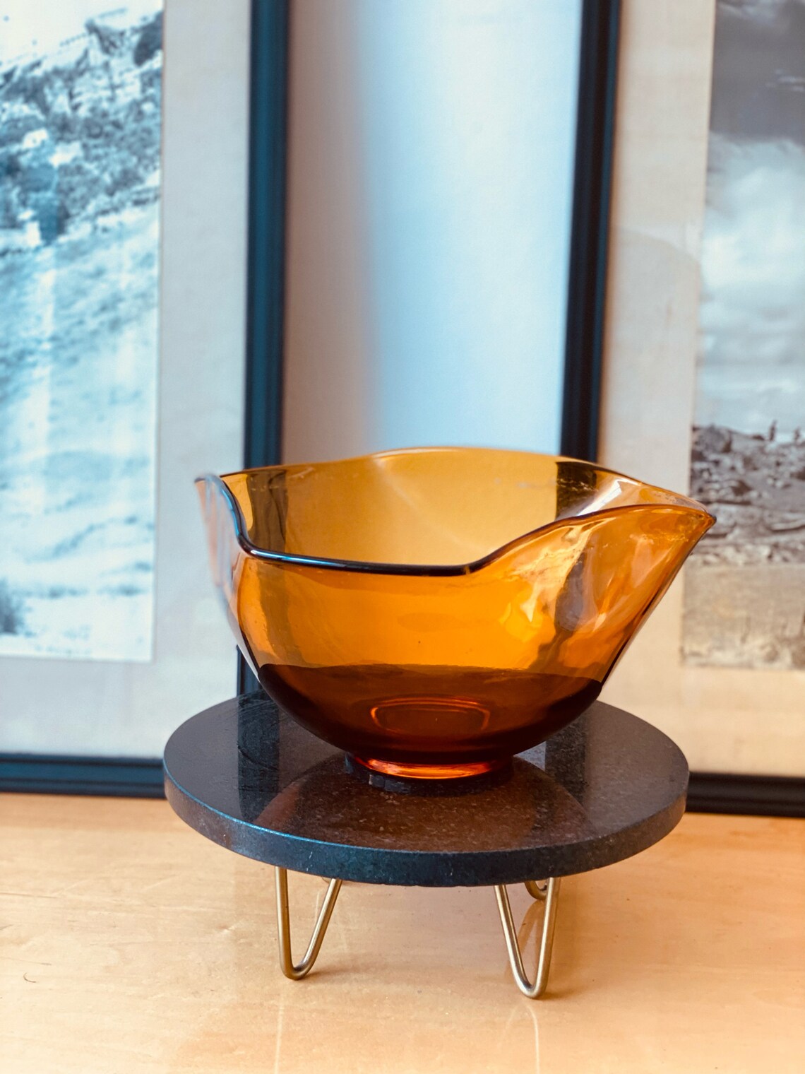 MCM Amber Glass Curved Serving Bowl Home Decor Etsy