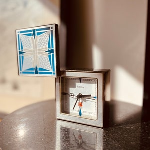 Retro Travel Alarm Clock / Blue Geometric / Bulova Clock / Sliding Clock / Free Shipping