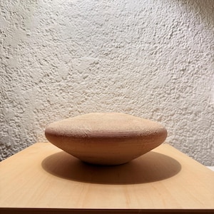 May include: A light brown wooden bowl with a rounded, saucer-like shape. The bowl is sitting on a light brown wooden surface.