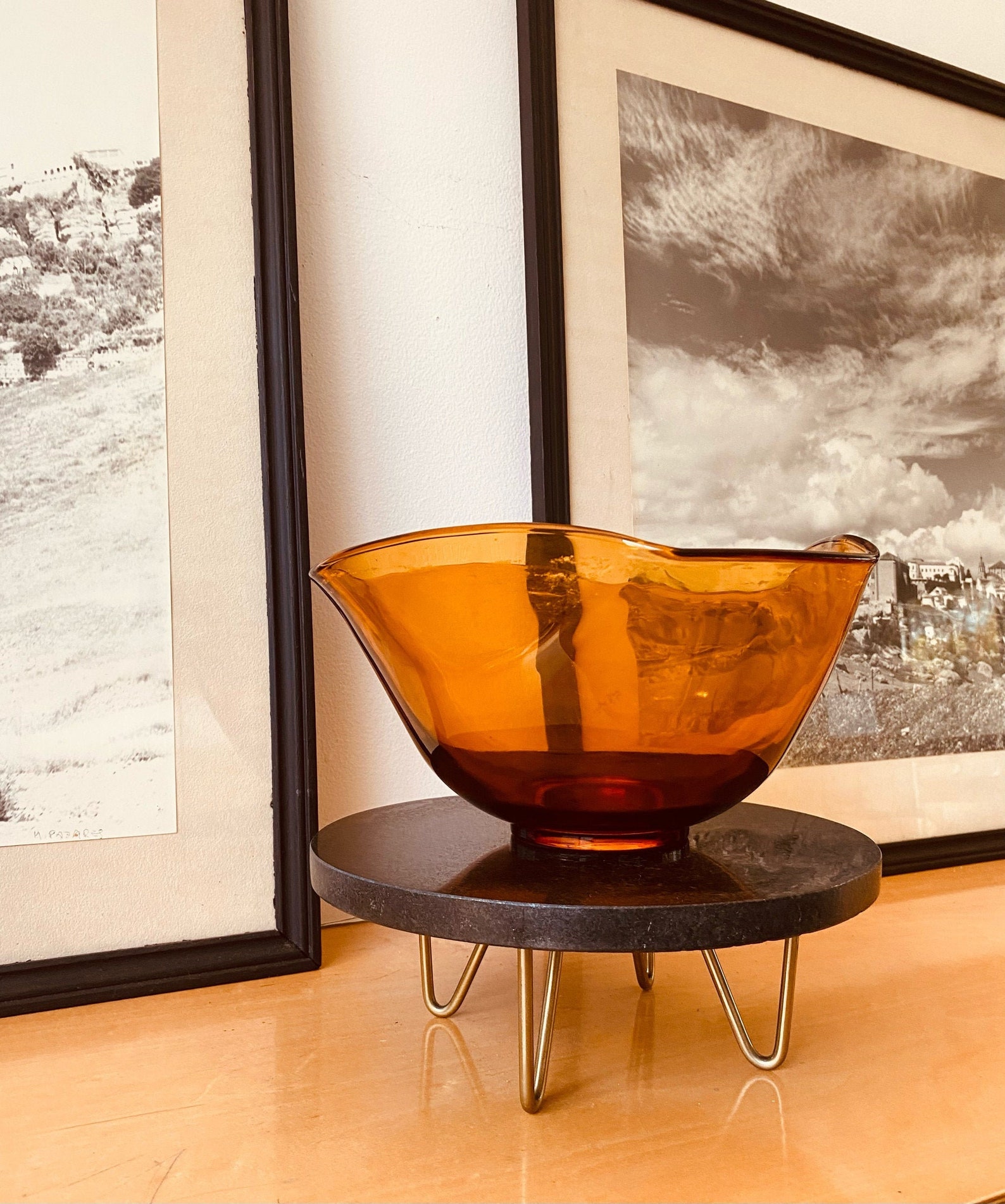 MCM Amber Glass Curved Serving Bowl Home Decor Etsy