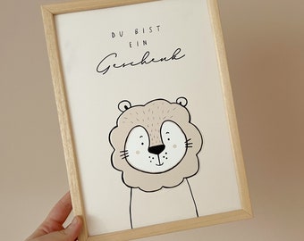 Poster Löwe A4 | Du bist ein Geschenk |Kinderposter Kinderzimmer Poster Baby Geschenk Junge Geschenk Mädchen Tierposter beige boho schlicht