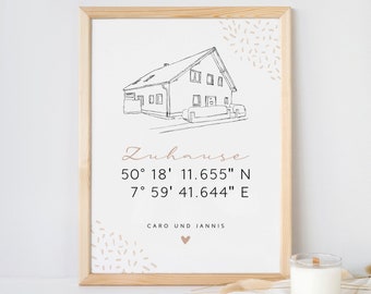 Personalisiertes Poster Zuhause | Geschenk zum Einzug Hausbau Bauherren personalisierte Zeichnung Geschenkidee Hochzeit Umzug lineart