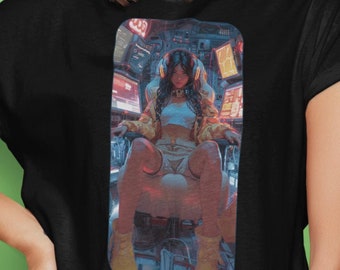Retro Gamer Girl Unisex Tee, Vintage Cyberpunk Anime Manga Shirt, Futurist Gaming Top, Geek Gift