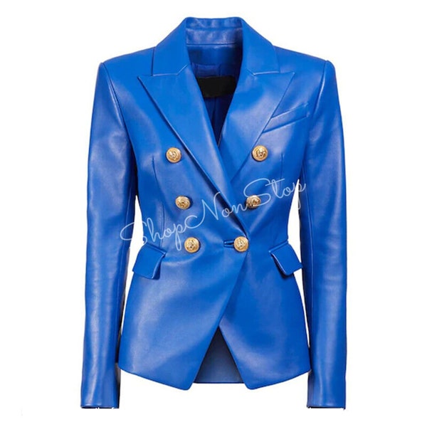 Blue Women's Formal Leather Blazer Jacket  Modern Elegant Leather Blazer With Golden Buttons Best Gift for her, Birthday gift