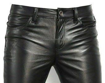 Men's Slim Fit Genuine Leather Pants Casual Tight Trousers Biker Pants Cow hide | Best Gift For Him