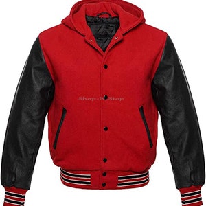 Hooded Varsity Letterman Baseball Bomber Jacket,  Melton Wool Body, Cowhide Leather Sleeves, All colors options
