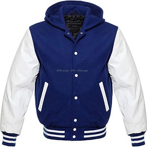 Hooded Varsity Letterman Baseball Bomber Jacket,  Melton Wool Body, Cowhide Leather Sleeves, All colors options