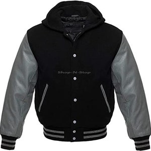 Hooded Varsity Letterman Baseball Bomber Jacket,  Melton Wool Body, Cowhide Leather Sleeves, All colors options