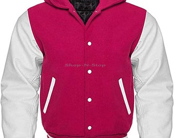 Hooded Varsity Letterman Baseball Bomber Jacket, Melton Wool Body