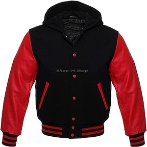Hooded Varsity Letterman Jacket: Melton Wool & Cowhide Leather Sleeves