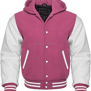 Hooded Varsity Letterman Jacket: Melton Wool & Cowhide Leather Sleeves