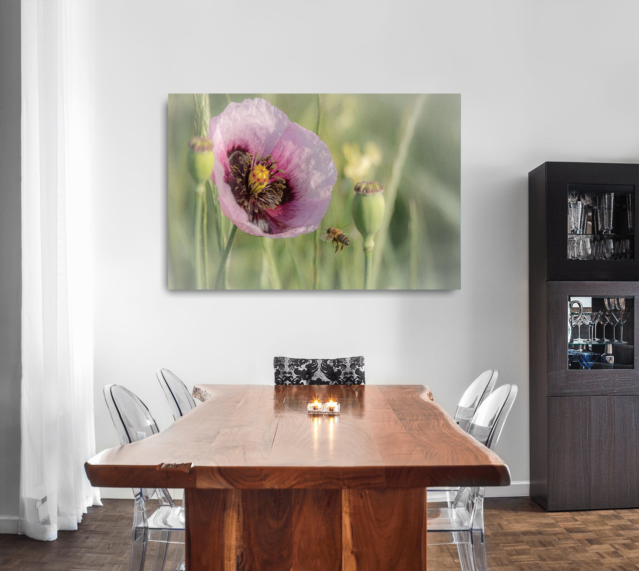 Floral Canvas Wall Art Beautiful Pink Poppy With Honey Bee Canvas Print Paper Xxl Decor Flower Poste