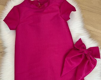 Fuchsia A-Line Dress with Bow, Baby Toddler Party Dress