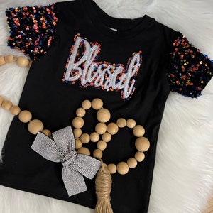 Custom Sequin Sleeve Tshirt Blessed Applique detail, Sequin Blessed, Monogrammed Shirt, Personalized shirt, Girls Christian Shirt, Bling Top