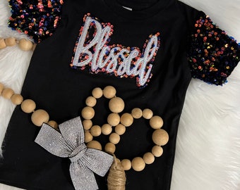 Custom Sequin Sleeve Tshirt Blessed Applique detail, Sequin Blessed, Monogrammed Shirt, Personalized shirt, Girls Christian Shirt, Bling Top