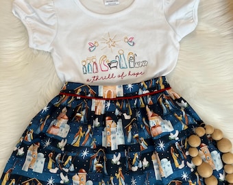 Nativity Scene Embroidered Top and Print Skirt Set, Christmas Outfit