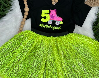 Roller Skating Birthday Outfit, Neon Sequin Skirt, Embroidered Applique Shirt