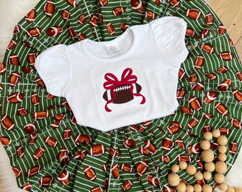 Football Season Outfit, Girls Football Bow Chic 2-piece set, Embroidered Fall Sport Top, Football Print Skirt, Kick Off, Touchdown Outfit