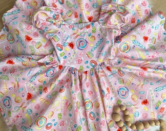 Pink Candy Print Dress, Birthday Party Girl Glitter Detail
