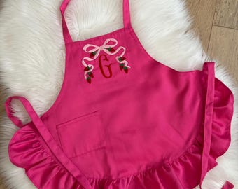 Toddler Strawberry Apron, Personalized Fishtail Initial Embroidered Girls Apron