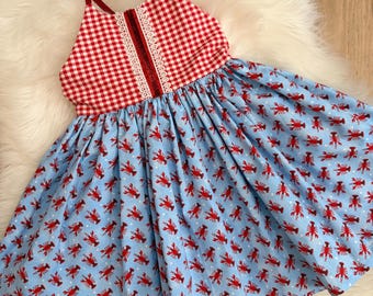 Crawfish Print Summer Party Dress, Gingham Bodice