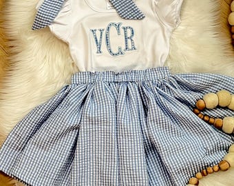 Monogrammed Seersucker Outfit with Matching Hair Bow - Embroidered