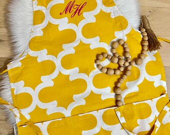 Embroidered Yellow Geometric Apron, Personalized Spring Colors