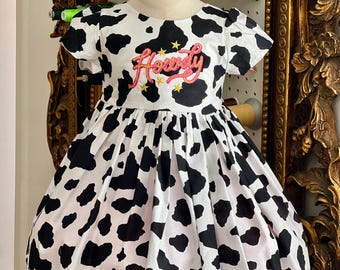 Cow Print Dress, Baby Cow Print Dress, Rodeo Cow Theme Party Dress,  Farm Western Dress, Toddler Dress, Birthday Party, Howdy Embroidered