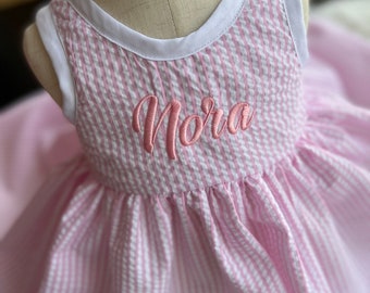 Personalized Seersucker Dress, Monogrammed Embroidered Girls Dress