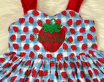 Embroidered Strawberry Gingham Birthday Dress, Summer Party, Custom Name