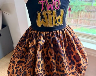 Wild Two Birthday Dress, Cheetah Print, Embroidered Appliqued Shirt, Toddler Outfit