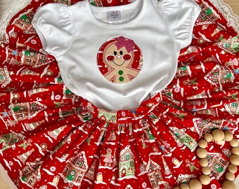 Gingerbread Girl Christmas Theme Outfit, Red and White Christmas Outfit, Gingerbread House, and Gingerbread Girl Applique Design Outfit