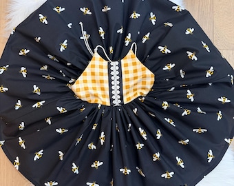 Bee Print Summer Dress, Gingham Bodice Party Dress