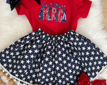 4th Of July Outfit, Festive Dress, God Bless America Tee, Stars Skirt, Memorial Day Outfit, Girl's 4th of July Dress, July Parade Outfit